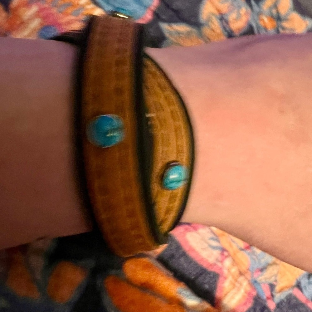 Tan wrap bracelet with turquoise bracelet